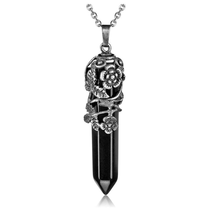 Top Plaza Antique Silver Flower Wrapped Natural Black Agate Healing Crystal Necklace - Image 1